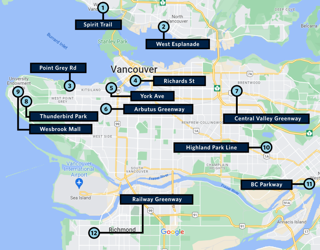 Map shows the 12 locations in Metro Vancouver where the UBC researchers conducted their study