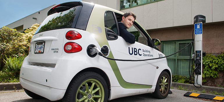 UBC Building Operations fleet manager Adam McCluskey says that Building Operations now has 22 electric vehicles—and counting. Photo by Martin Dee.