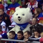 The Sochi bear mascot taking in the action at Bolshoy Ice Dome.