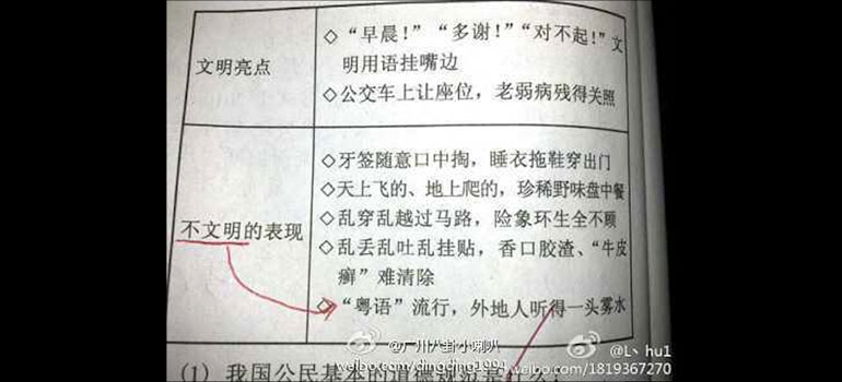 This elementary school textbook lists examples of civilized behaviour that include spitting on the street;  ignoring traffic lights; and speaking Cantonese.