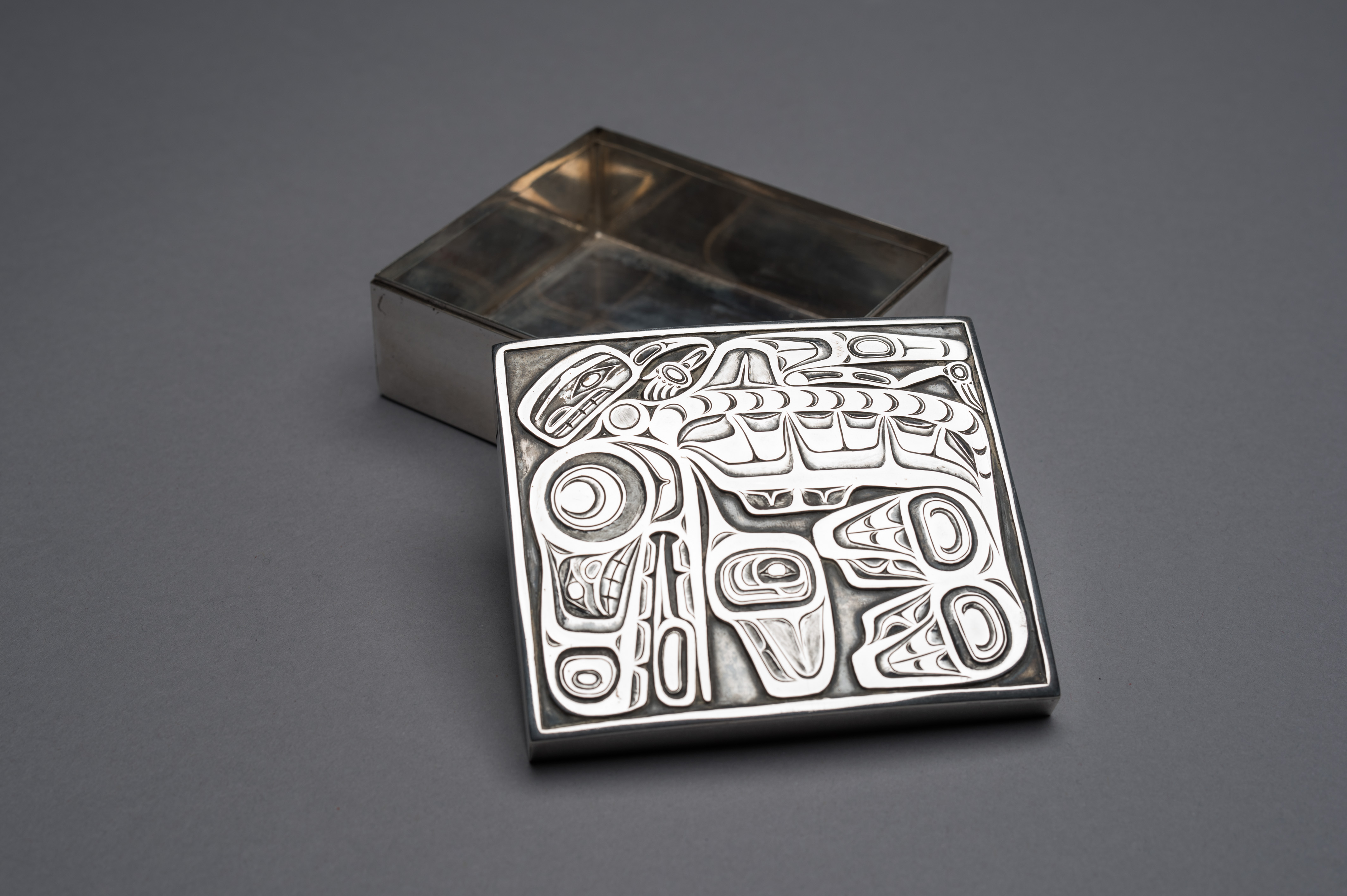 A silver box with a killer-whale motif created by renowned Haida artist Bill Reid circa 1958 is part of a collection donated to the Museum of Anthropology by late Calgary philanthropist Margaret (Marmie) Perkins Hess. Credit: Martin Dee/University of British Columbia