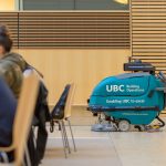 A robotic floor scrubber powered by A&K Robotics follows a preset path in UBC’s Life Sciences Centre.