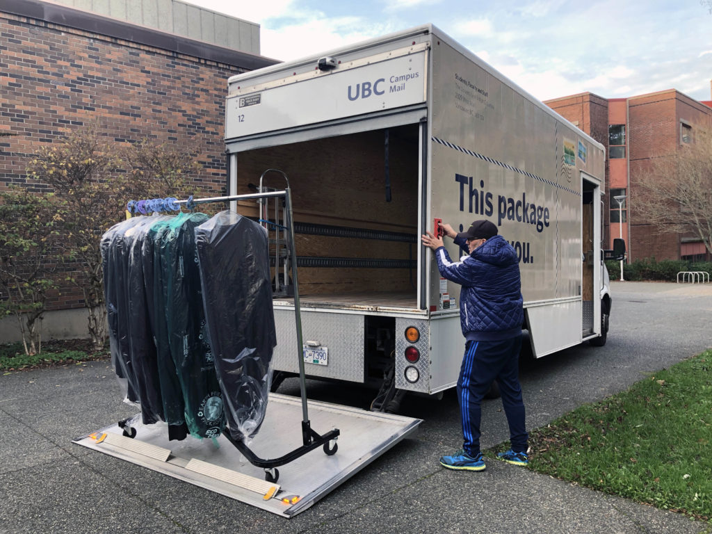 About 600 black gowns were loaded onto a truck at the University of Victoria on Sunday. UBC is borrowing the gowns for graduation this week, after the university's own gowns couldn't be delivered due to travel disruptions from last week’s unprecedented storm. Credit: University of British Columbia