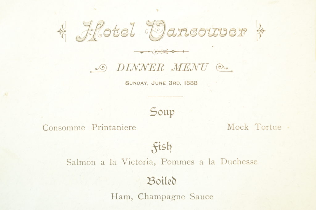 1888 dinner menu from Hotel Vancouver
