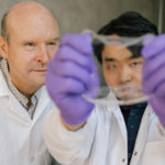 Dr. John Madden and Yuta Dobashi with one of the hydrogel sensors. Photo by Kai Jacobson/UBC Faculty of Applied Science