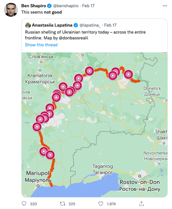 Screen shot of Ben Shapiro tweet showing locations of shelling by Russia in southeastern Ukraine