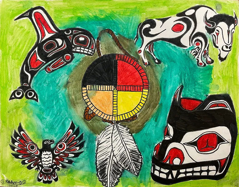 Indigenous medicine wheel surrounded by animals