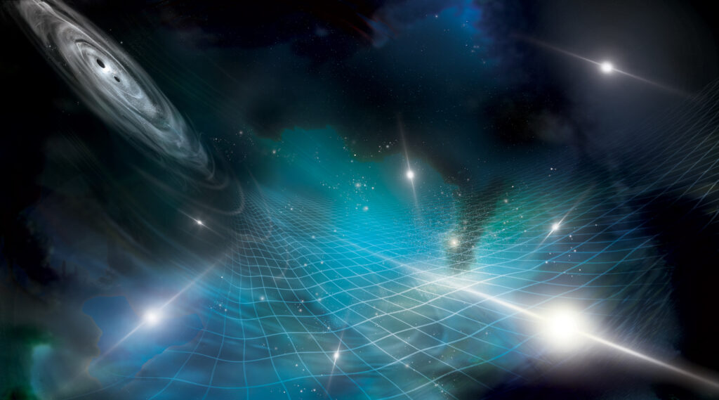 Artist’s interpretation of an array of pulsars being affected by gravitational ripples produced by a supermassive black hole binary in a distant galaxy
