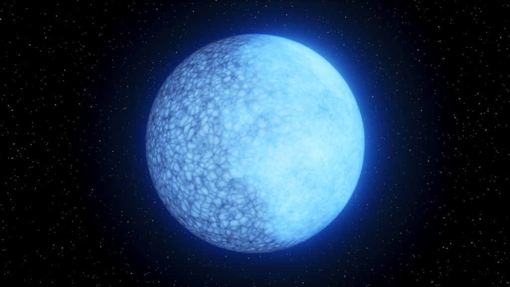 Image of the star, Janus. It's a cerulean blue-coloured star with one side darker with some visible spots and the other lighter side.