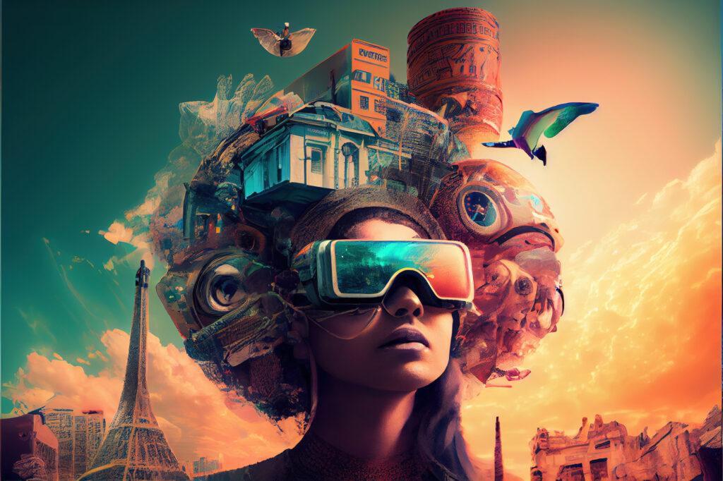 An AI-generated image featuring a person wearing VR goggles, with a cityscape and futuristic objects superimposed on their head, symbolizing humanity's contemplation of AI-generated art.