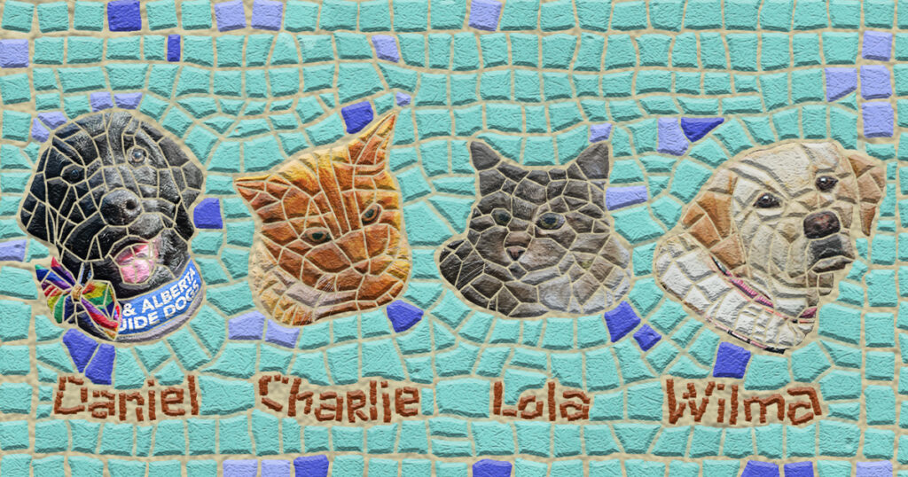 Mosaic graphic of Daniel the Black Labrador, Charlie the orange tabby, Lola the brown tabby, and Wilma the yellow labrador retriever.