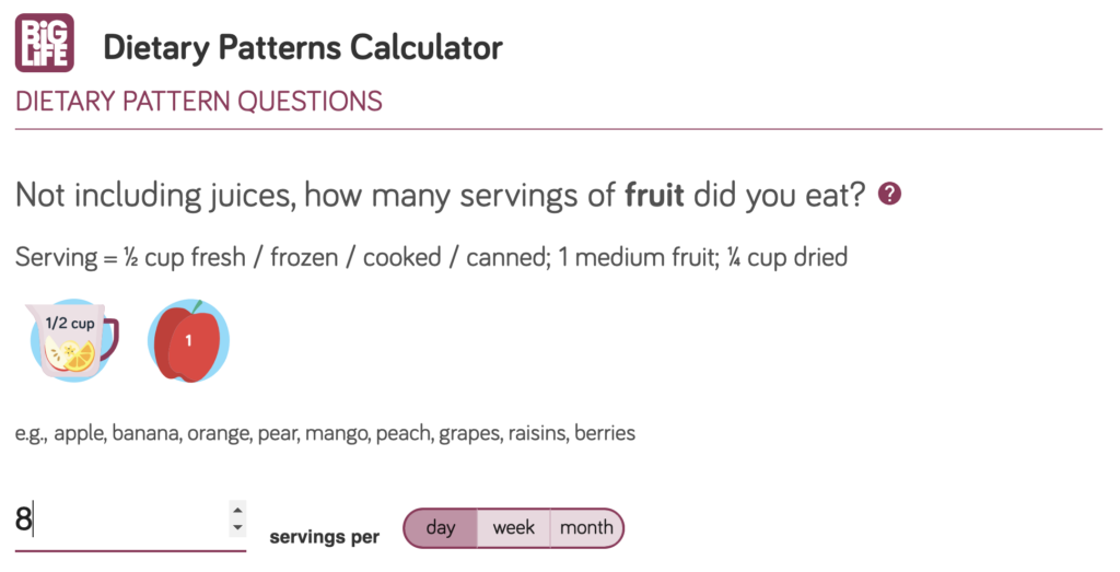 Screenshot of the Dietary Patterns Calculator.