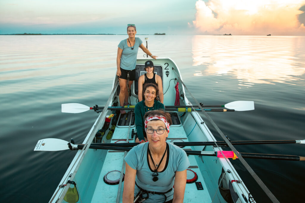 The Salty Science crew on their boat, nicknamed Emma. Front to back: Dr. Isabelle Côté, Lauren Shea, Noelle Helder, Dr. Chantale Bégin