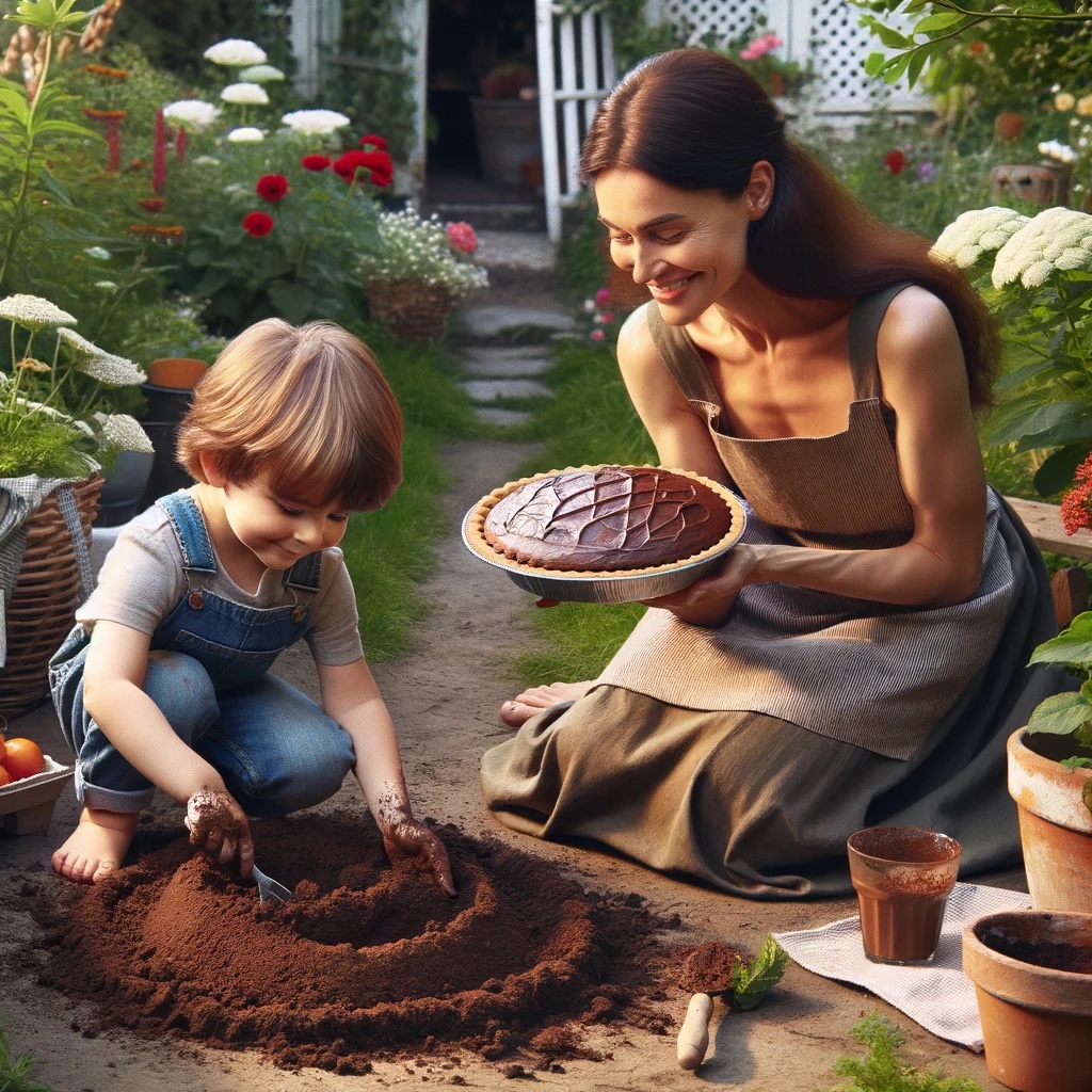 AI-generated photo showing a child playing with dirt while an older adult holding a mud pie.