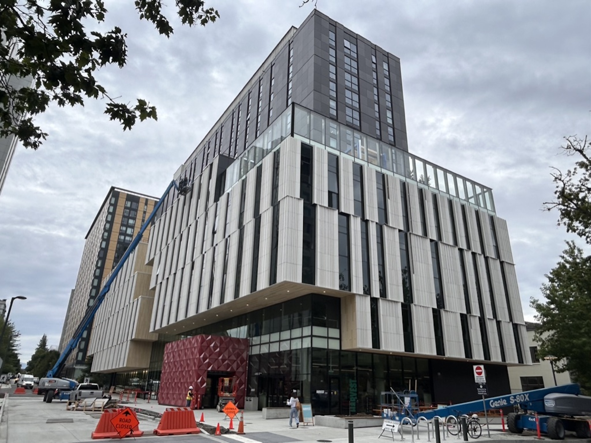 Exterior facade of Brock Commons South residence building on a cloudy day.