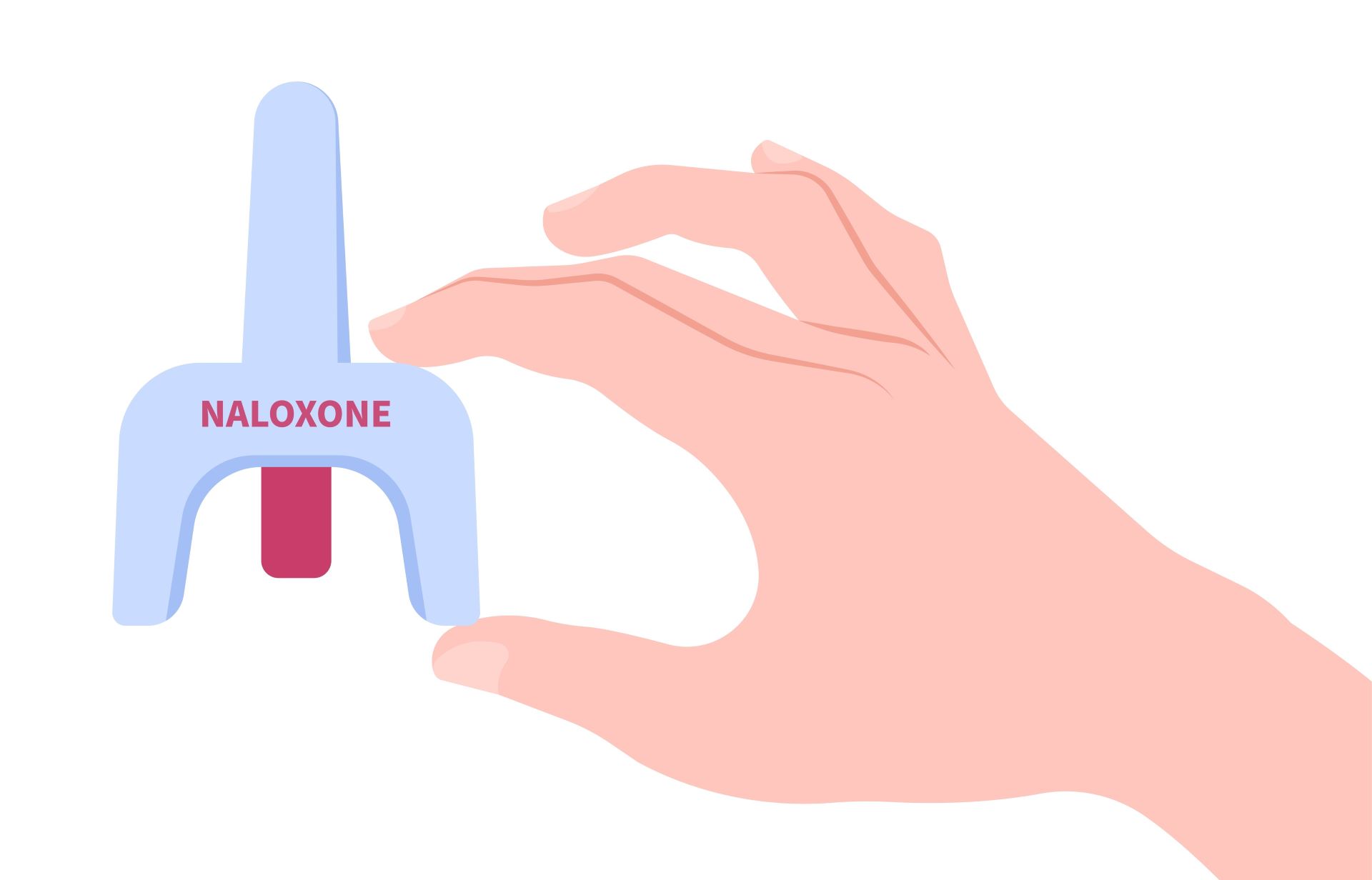 Graphic image of a hand holding a nasal naloxone kit.